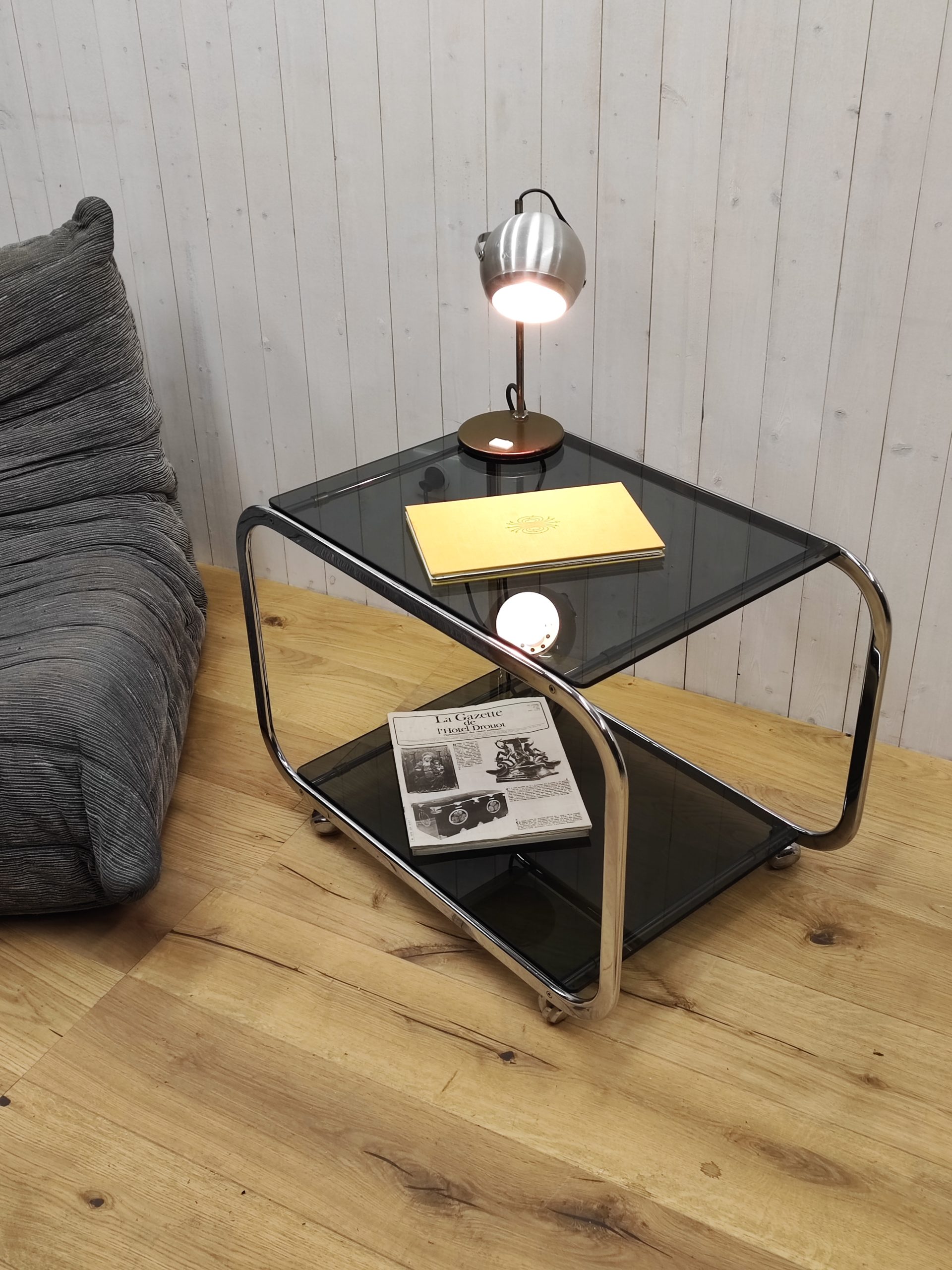 Desserte chrome et verre fumé vintage – Image 7