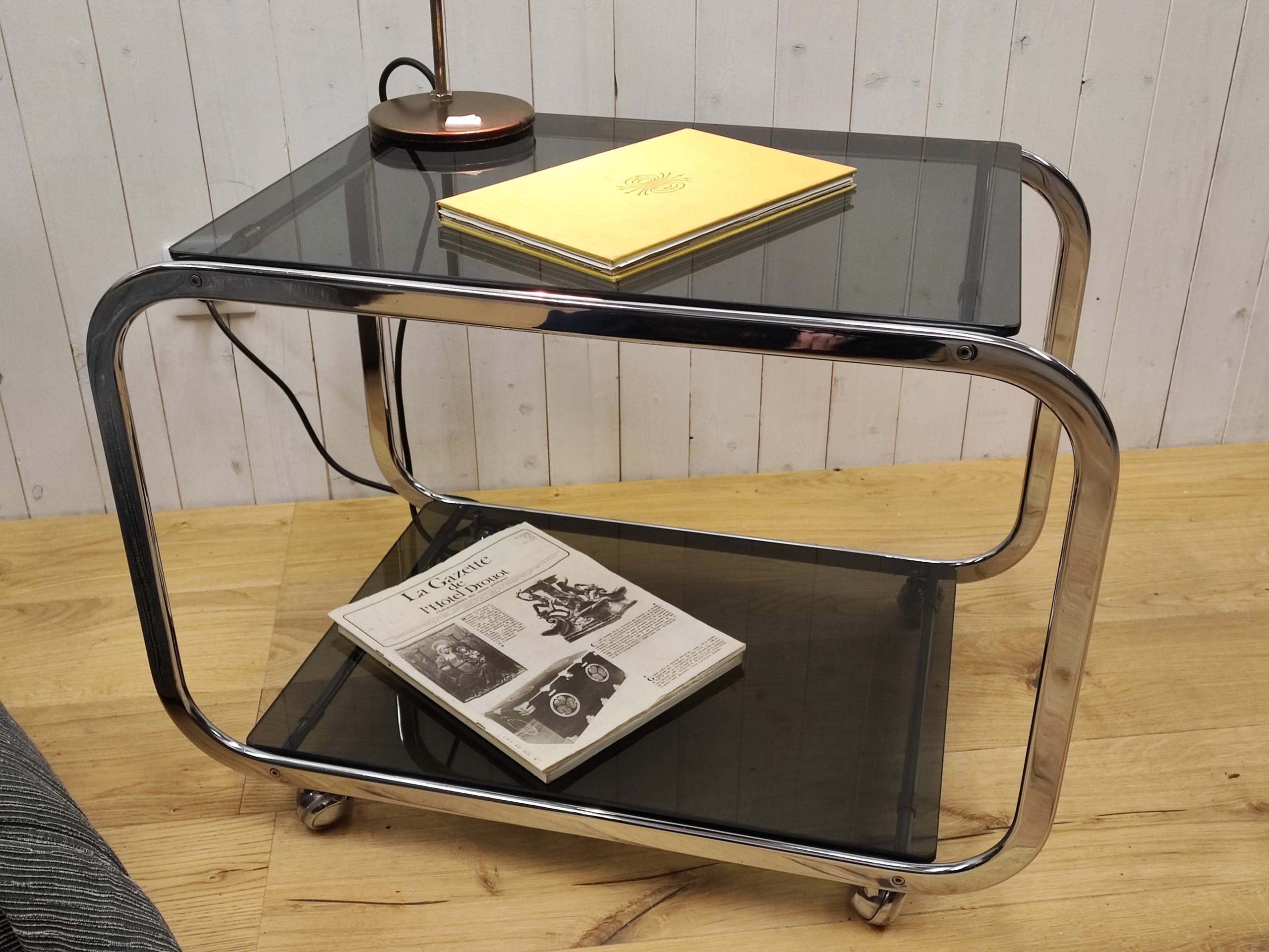 Desserte chrome et verre fumé vintage – Image 2