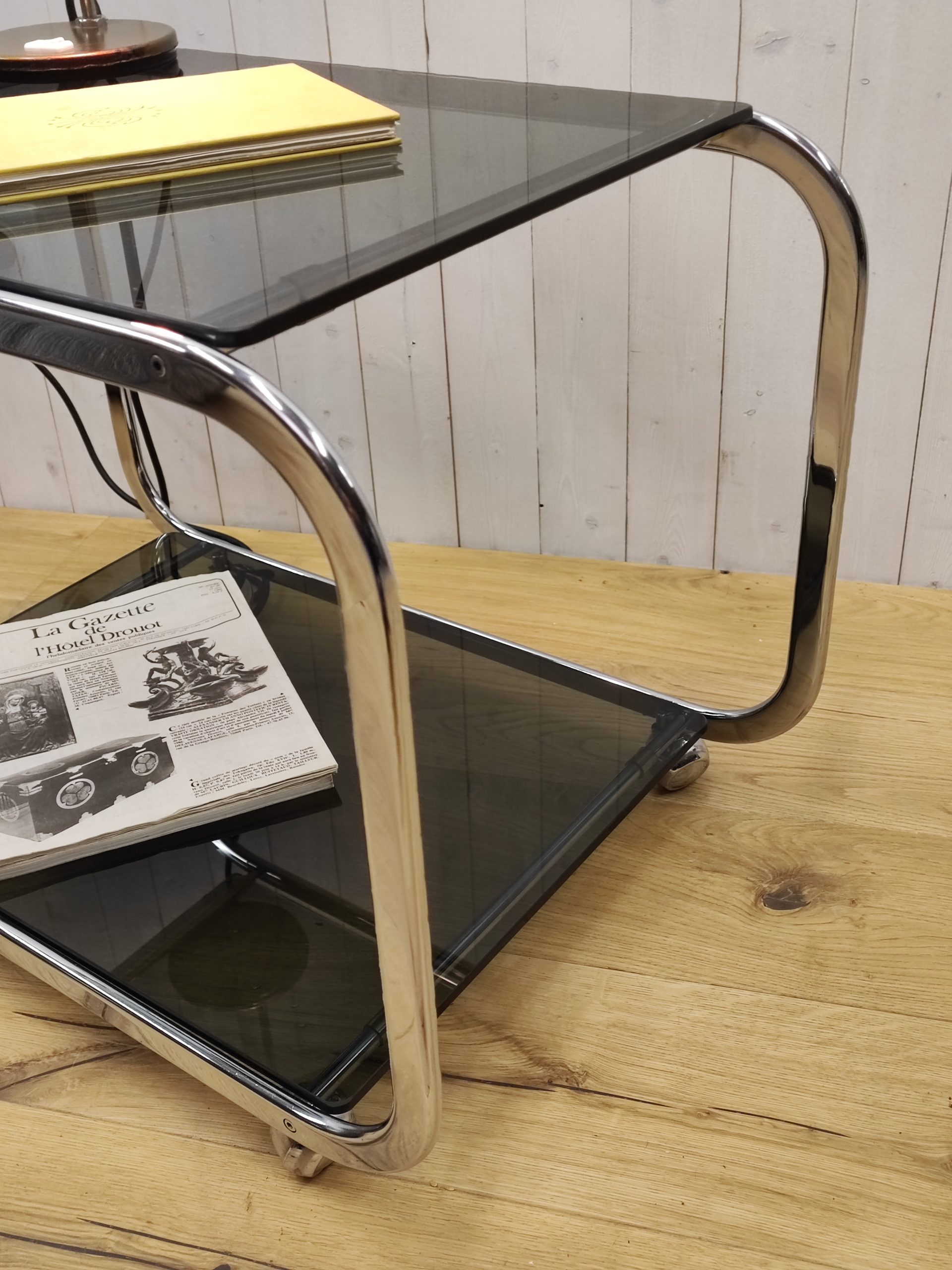 Desserte chrome et verre fumé vintage – Image 6