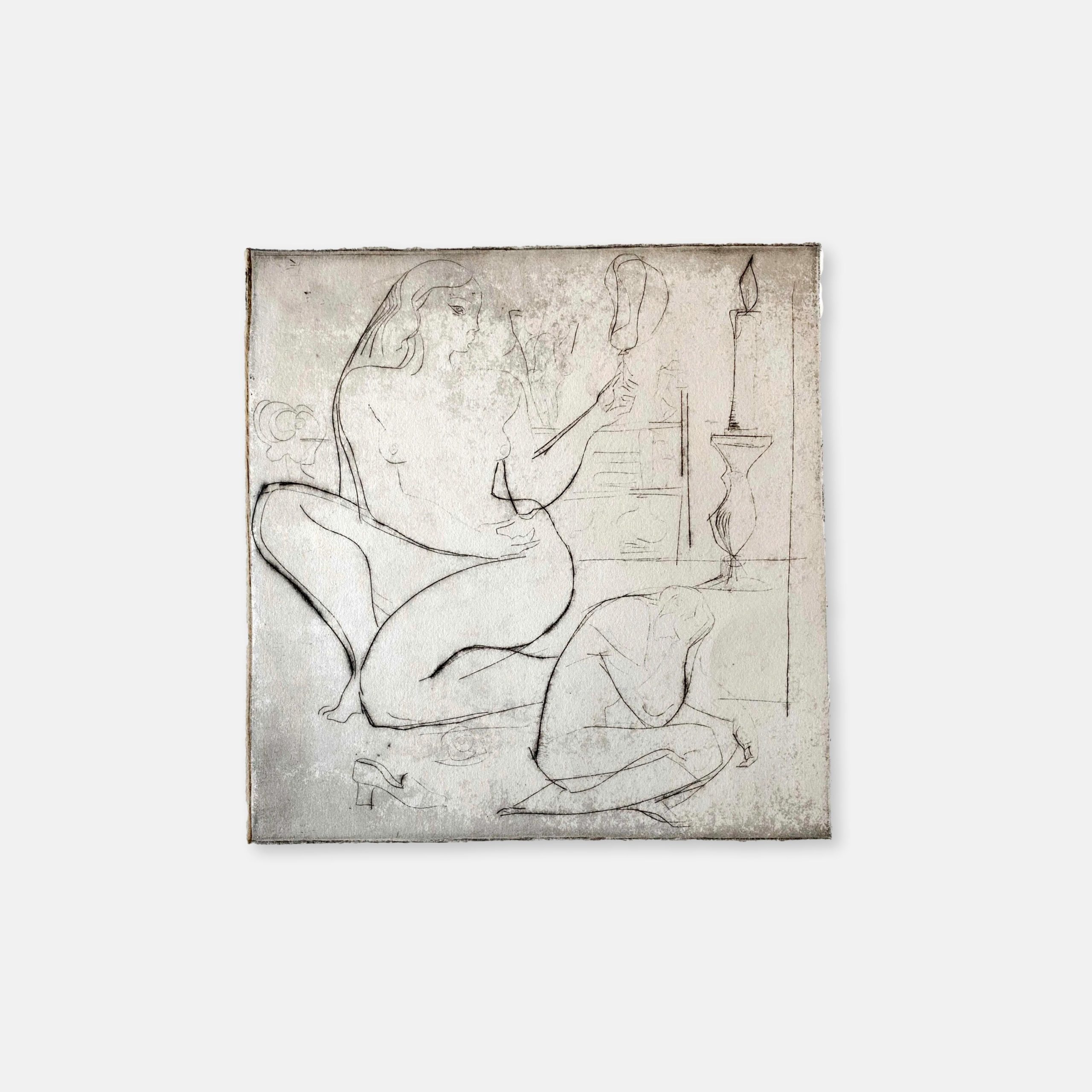 Gravure de Ferenc Bugyil avec une femme au miroir