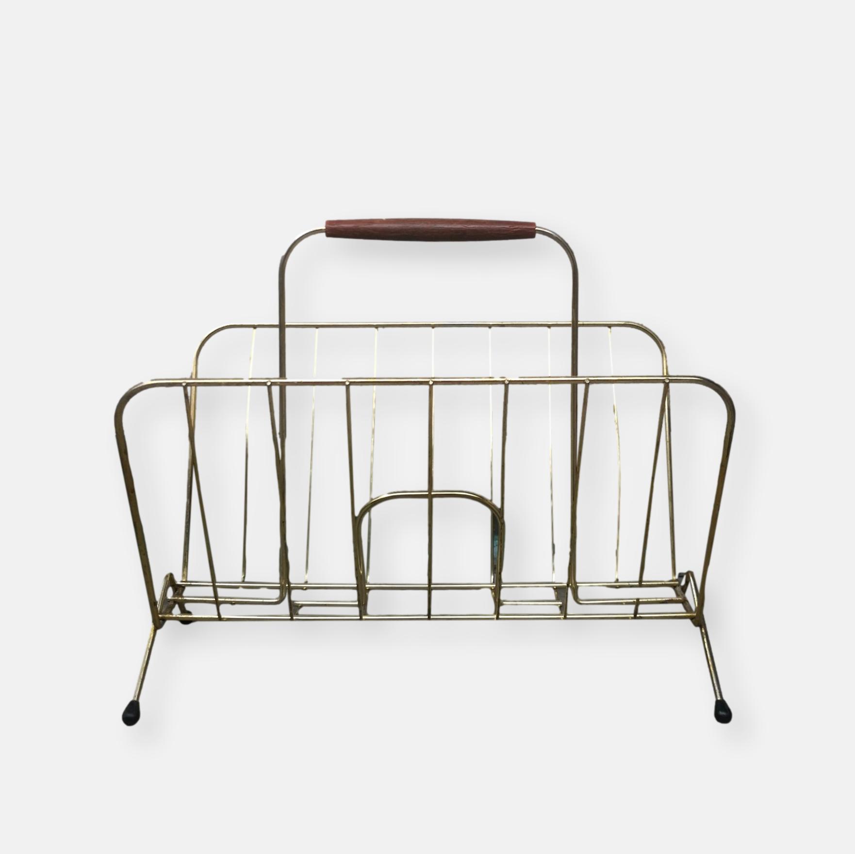 Vintage Vergoldeter Zeitungsständer mit Griff aus Teakholz