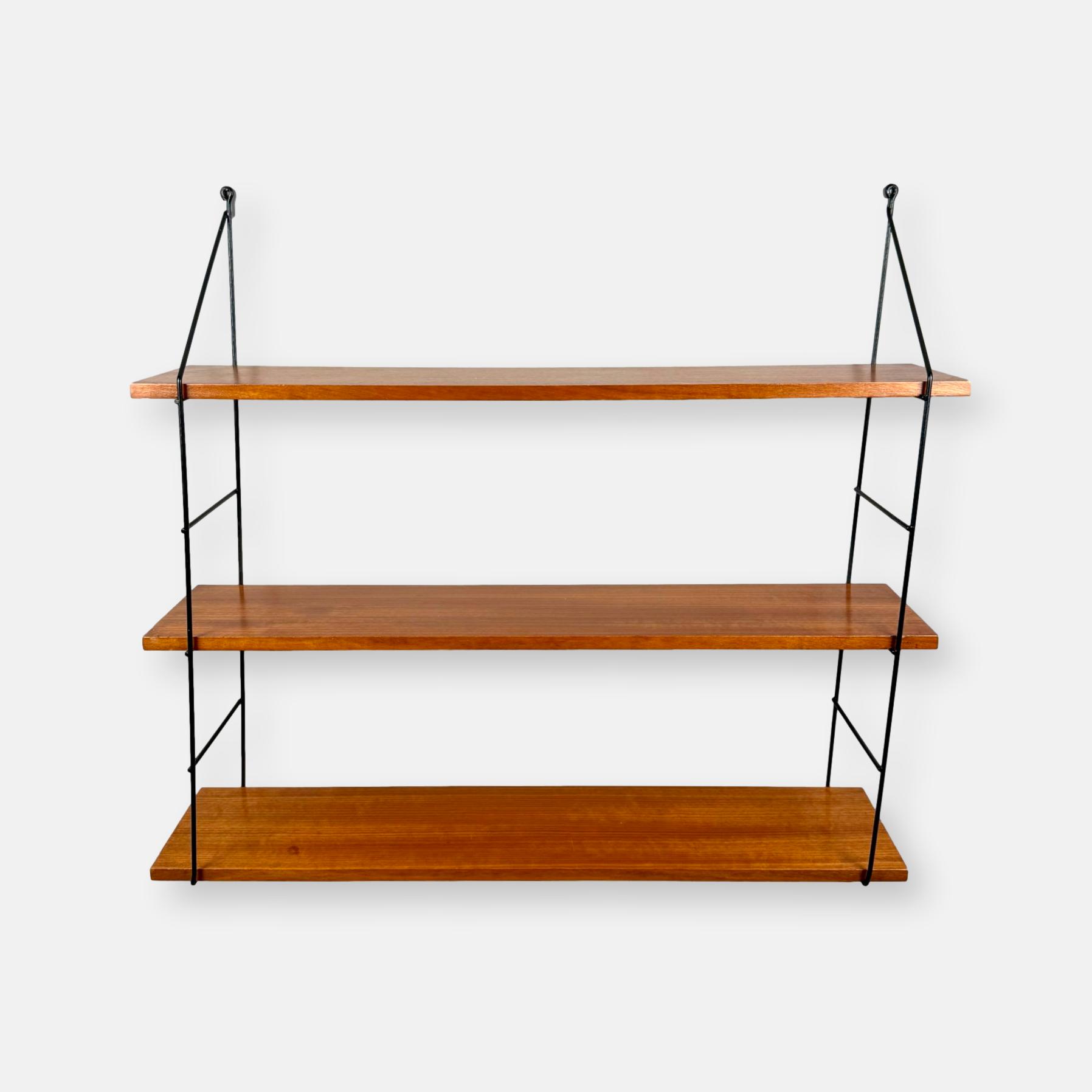 Vintage wall shelf with three teak veneer shelves