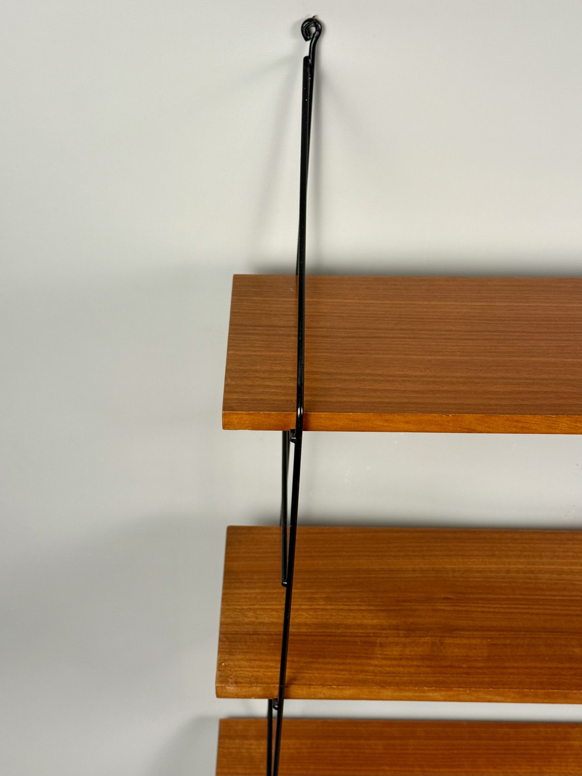 Vintage wall shelf with three teak veneer shelves – Image 8