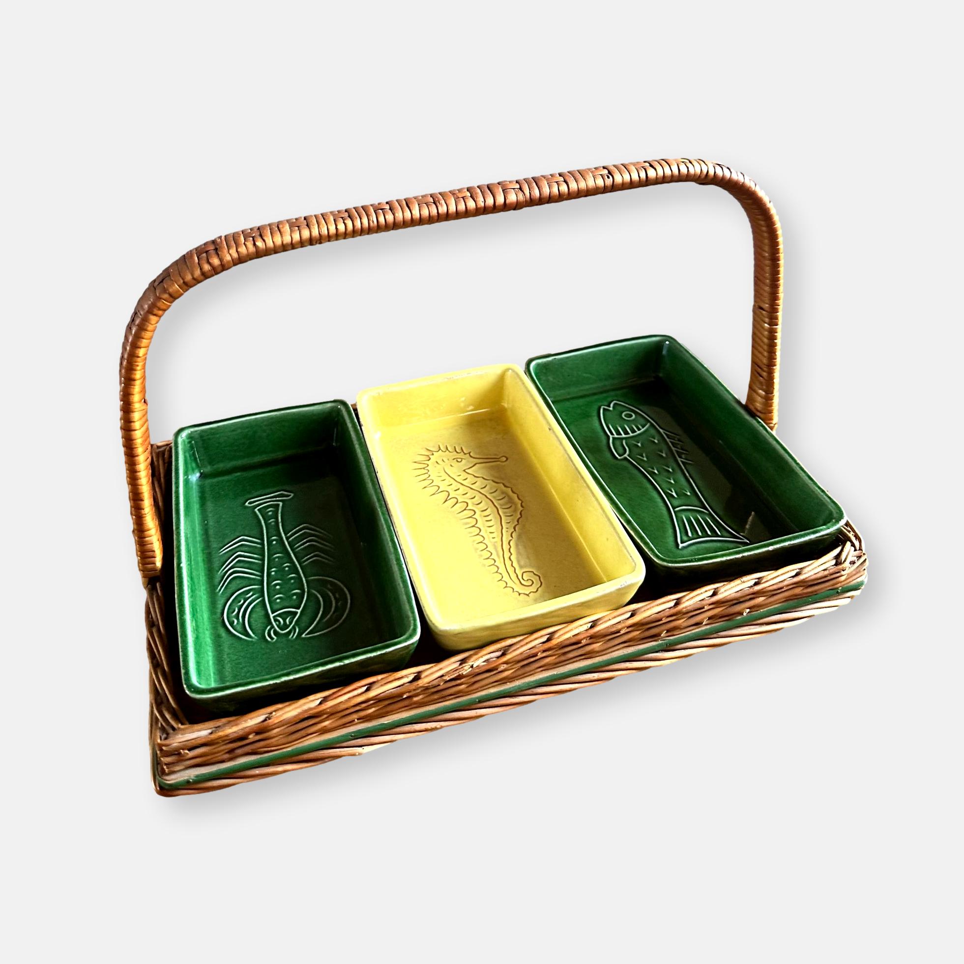 Service apéritif vintage en céramique et osier