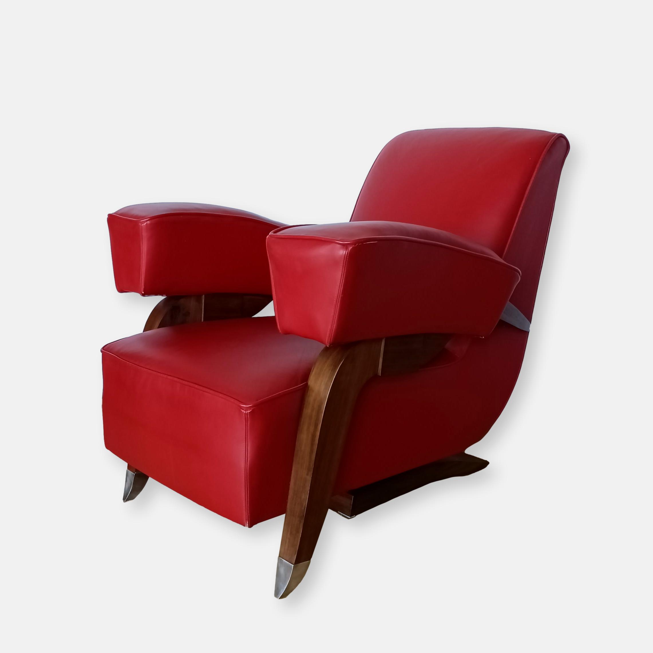 Fauteuil Art Déco en cuir rouge et bois