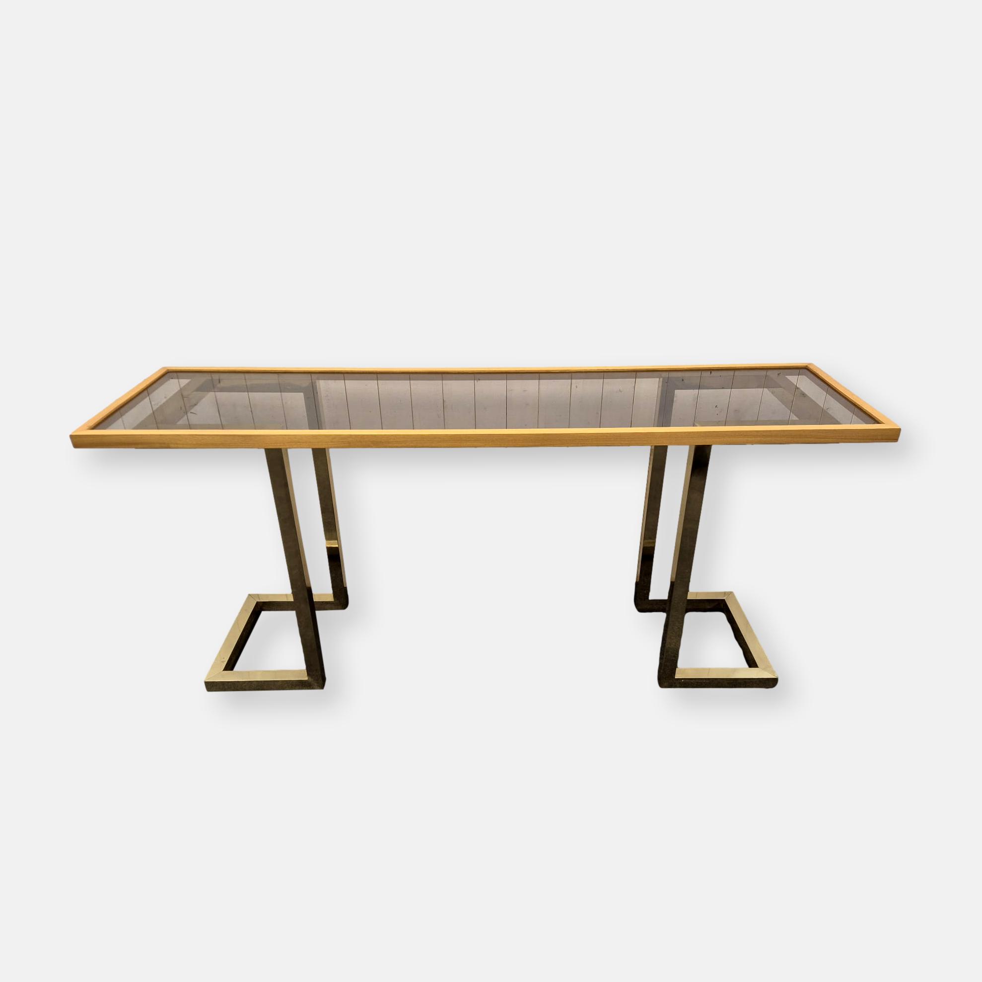 Console vintage laiton et verre fumé