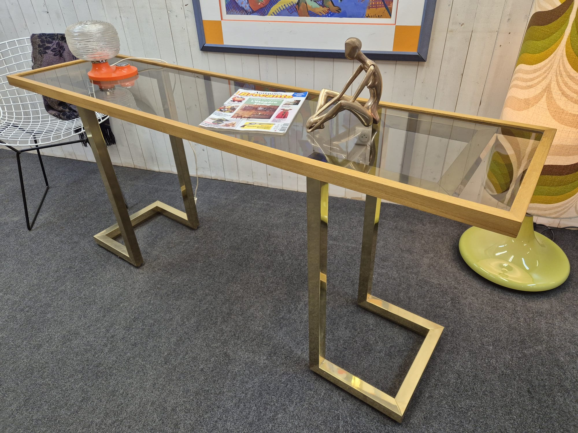 Console vintage laiton et verre fumé – Bild 9