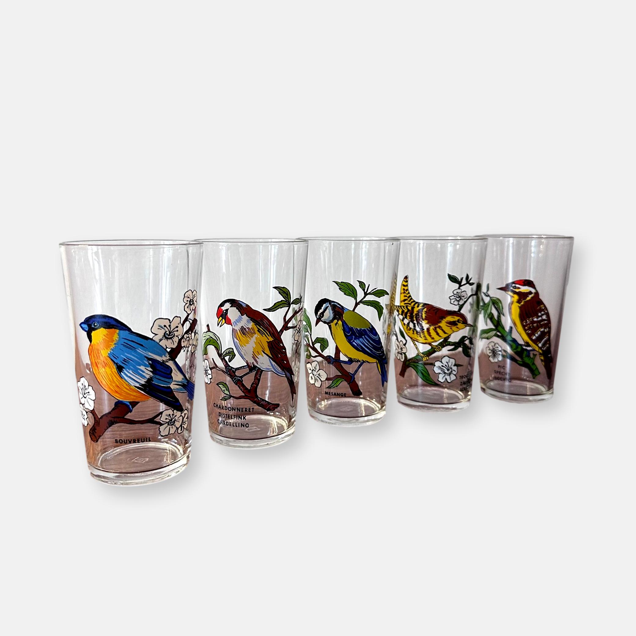 5 verres oiseaux VMC Reims France vintage 1970
